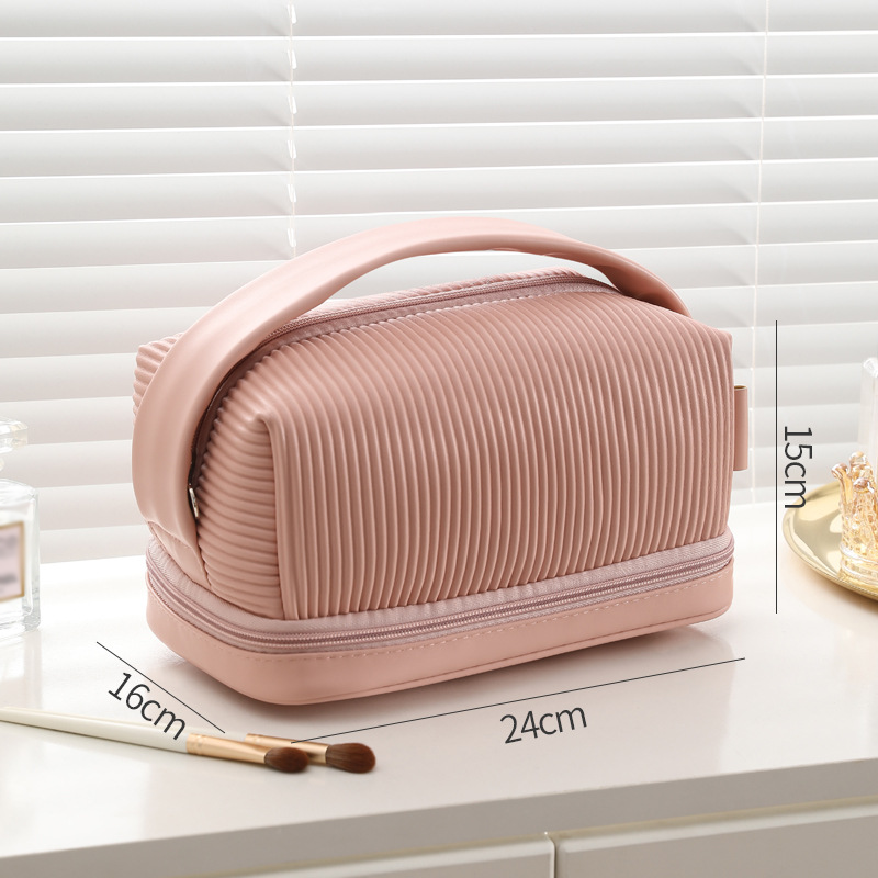New Design Custom Leather Premium Toast Makeup Bag Double Layer Travel Pu Cosmetics Storage Toiletry Bag with Soft Handheld