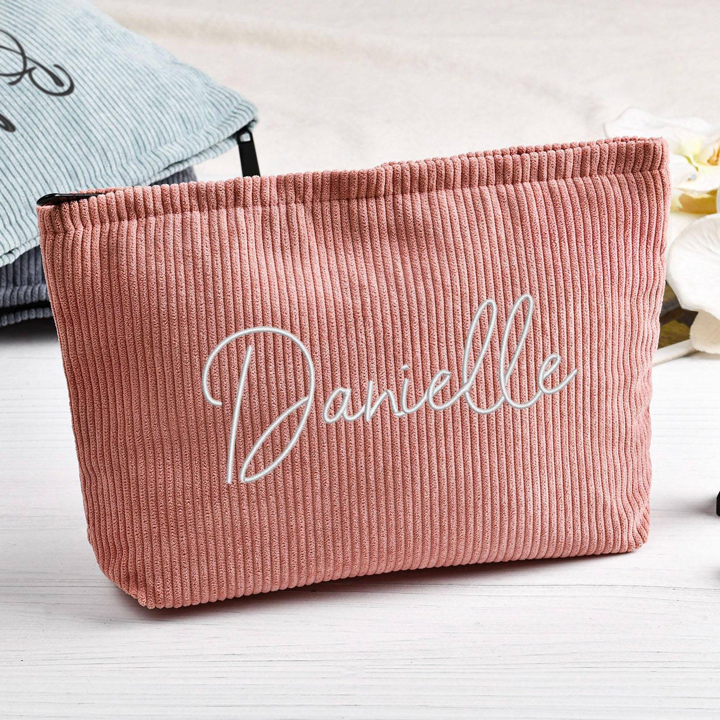 Lady's Eco-Friendly Embroidered Corduroy Cosmetic Bag Reusable with Lined Zipper for Easy Carrying