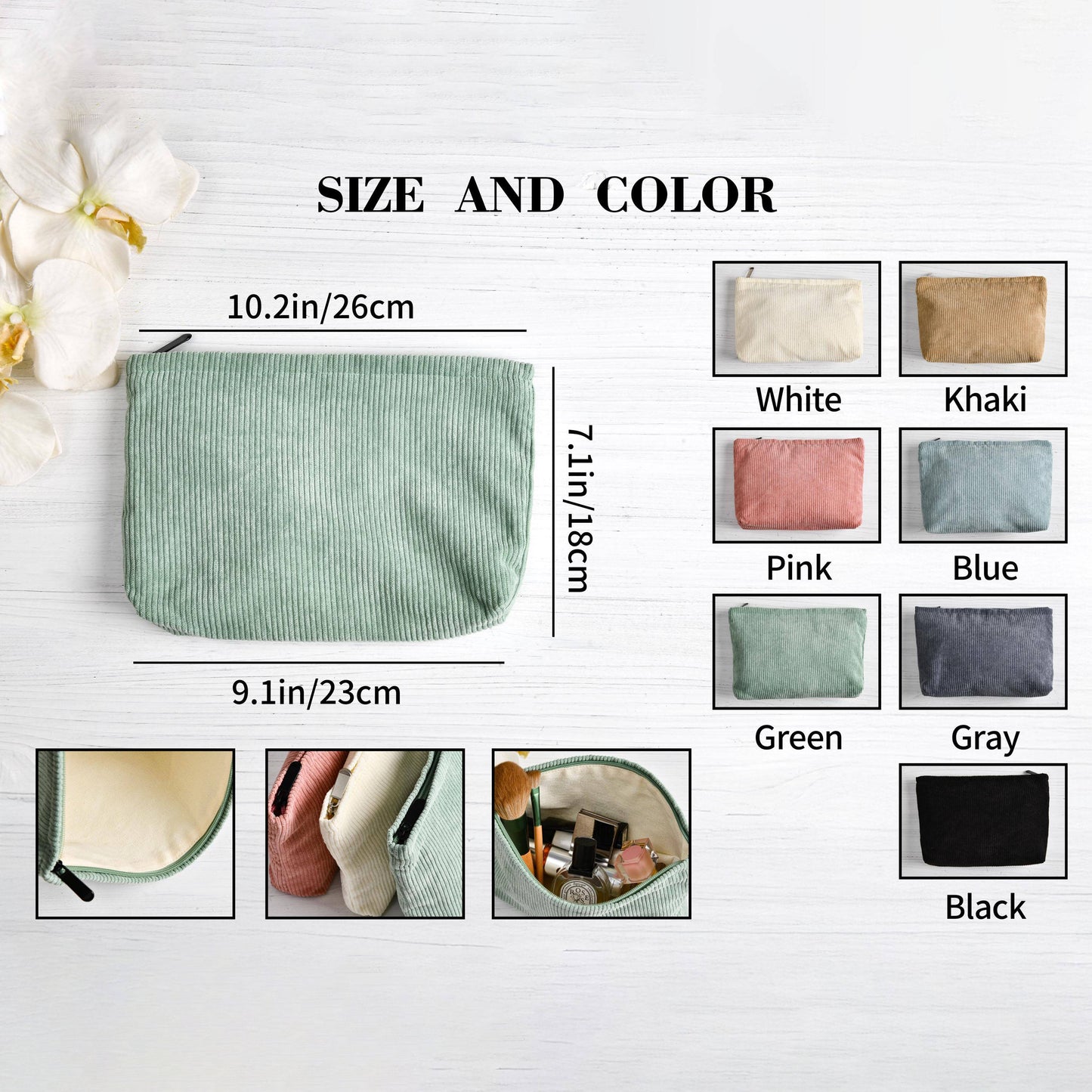 Lady's Eco-Friendly Embroidered Corduroy Cosmetic Bag Reusable with Lined Zipper for Easy Carrying