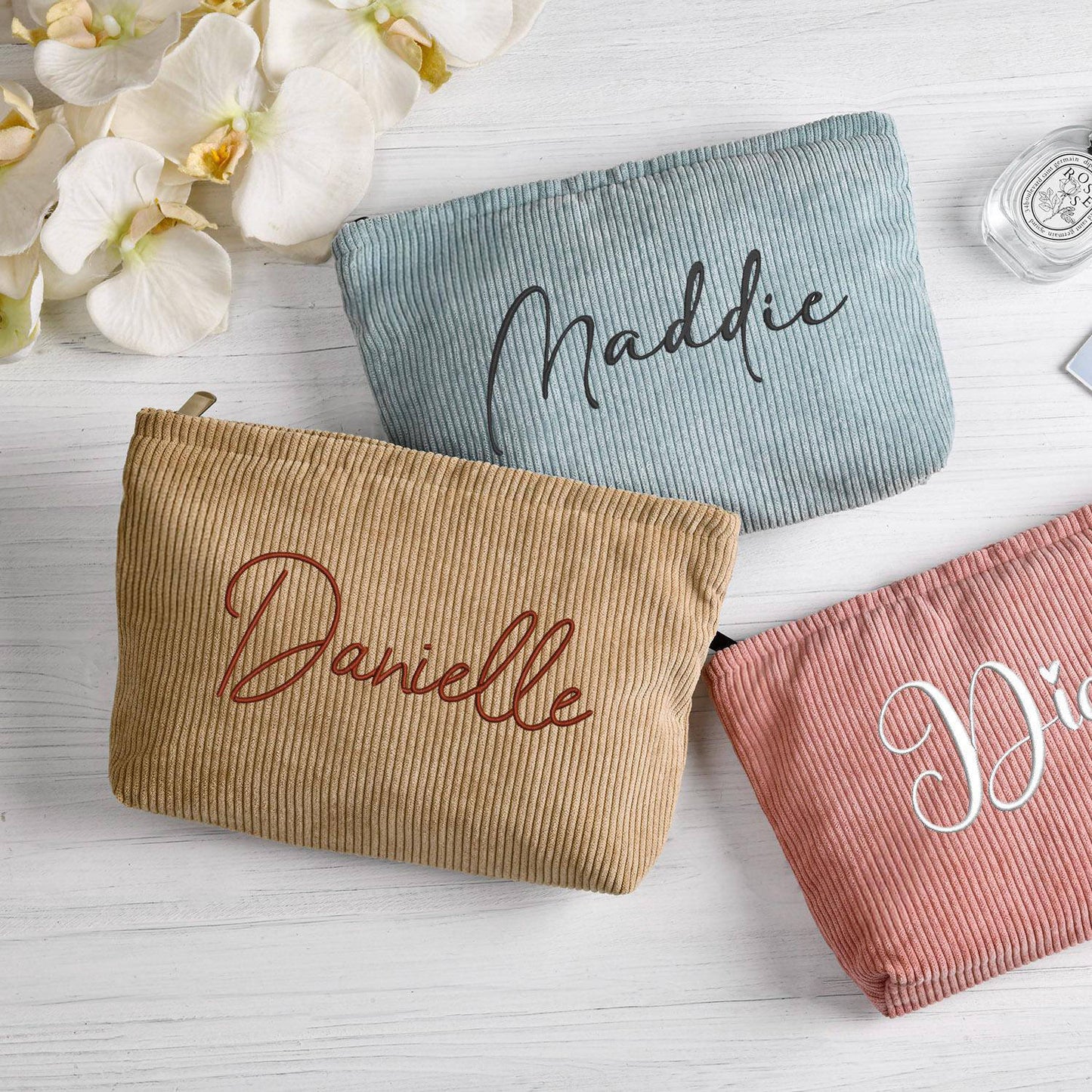Lady's Eco-Friendly Embroidered Corduroy Cosmetic Bag Reusable with Lined Zipper for Easy Carrying