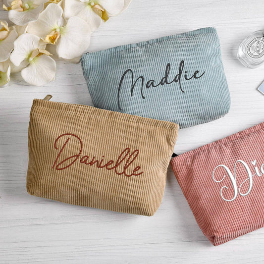 Lady's Eco-Friendly Embroidered Corduroy Cosmetic Bag Reusable with Lined Zipper for Easy Carrying
