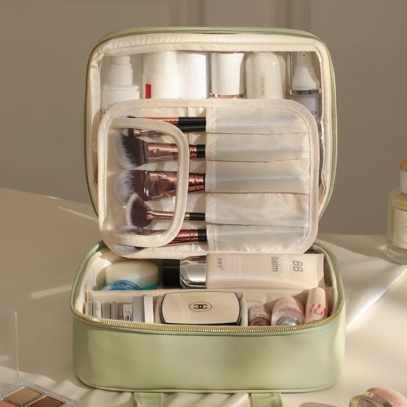 Custom Large and Small Size Makeup Bags PU Cosmetic Organizer with Dividers Transparent TPU Compartments Travel Daily Use