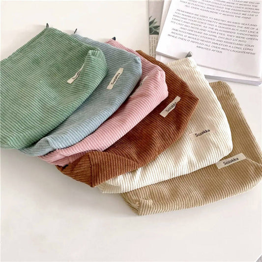 Simple Practical Corduroy Makeup Bag Vintage Cosmetic Organizer Mini Travel Toiletry Bag with Label Logo