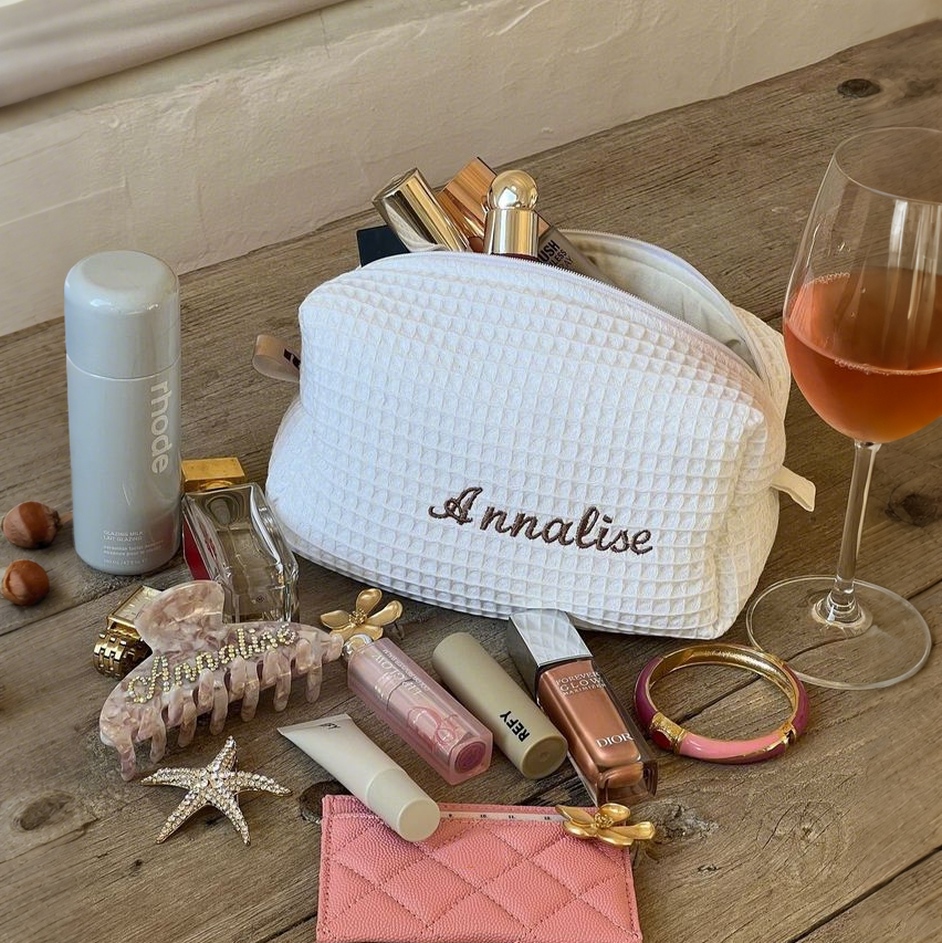 Embroidery Waffle Solid Cotton Makeup Pouch Multi-colors Available Personalized Lady Waffle Weave Cotton Cosmetic Bag