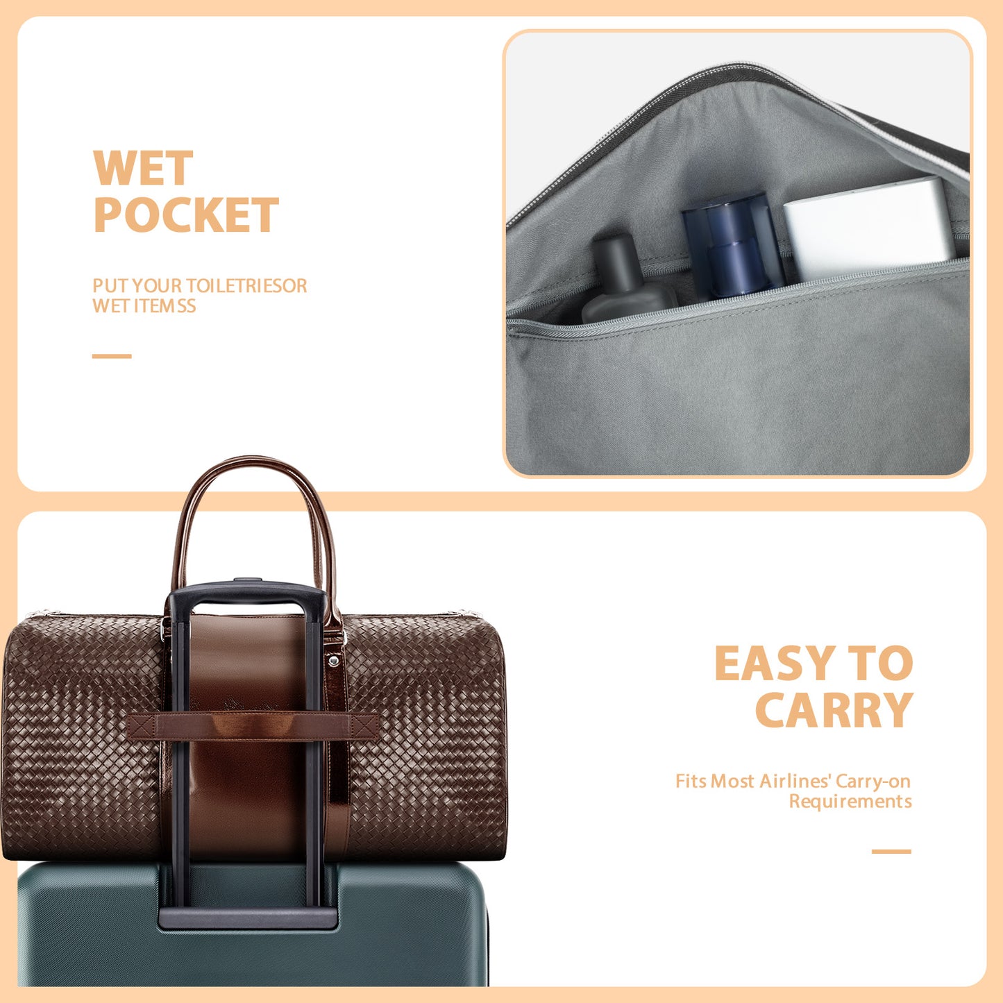 3-in-1 Leather Duffle Bag for Travel with Toiletry Bag and Shoe Compartment, Weekender Overnight Gym Bag for Men Women, Carry On Bag Fits 21 Inch Laptop