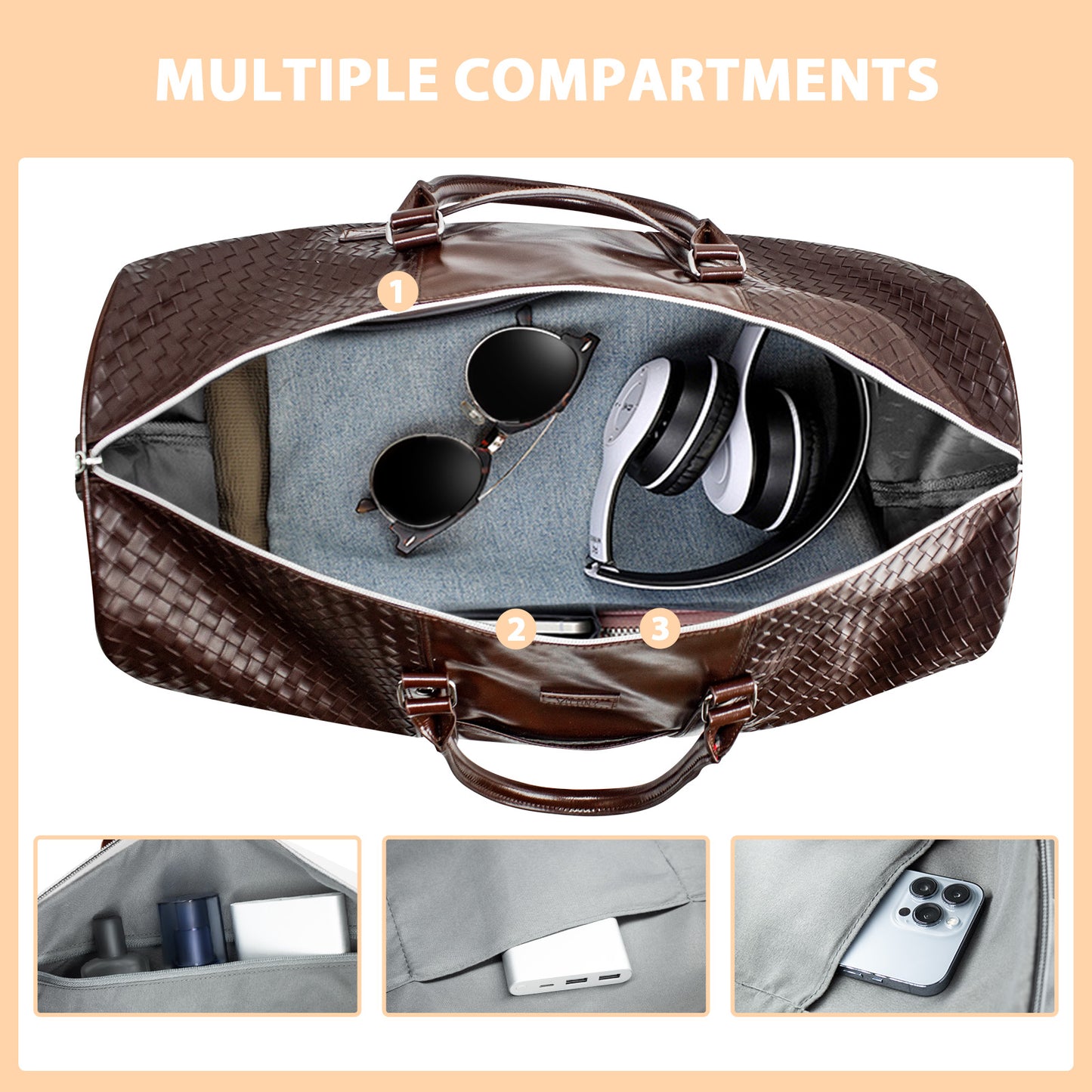 Carry On Travel Duffle Bag, Leather Overnight Bag with Toiletry Bag & Shoe Compartment, Dry & Wet Separated Sports Duffel Bag for Men, Brown