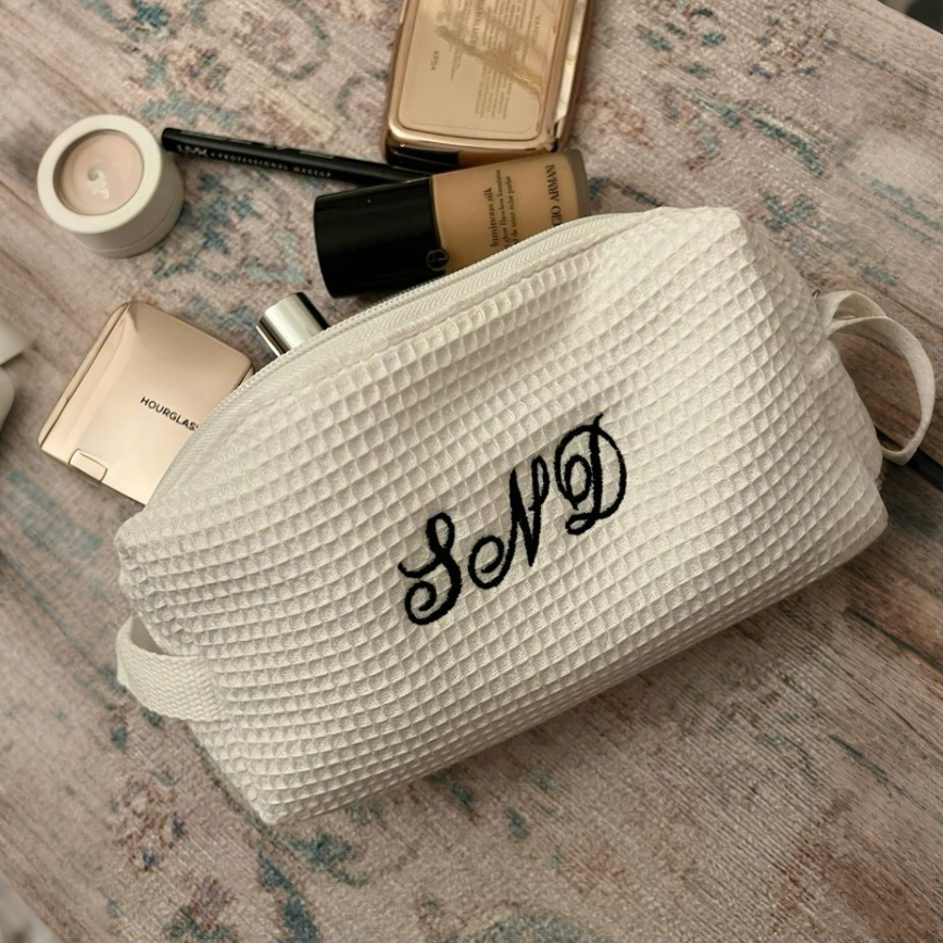 Embroidery Waffle Solid Cotton Makeup Pouch Multi-colors Available Personalized Lady Waffle Weave Cotton Cosmetic Bag