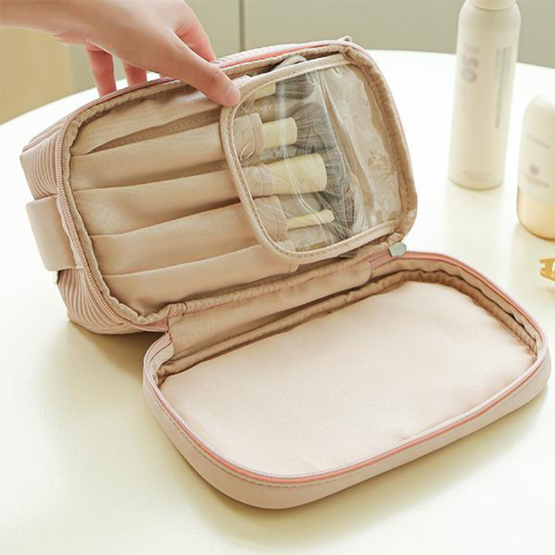 New Design Custom Leather Premium Toast Makeup Bag Double Layer Travel Pu Cosmetics Storage Toiletry Bag with Soft Handheld