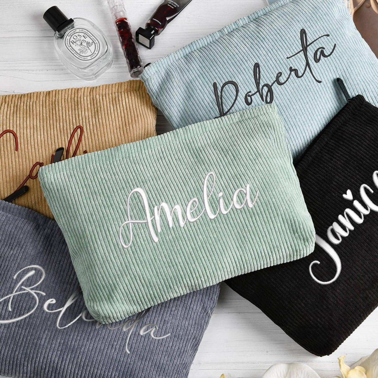 Lady's Eco-Friendly Embroidered Corduroy Cosmetic Bag Reusable with Lined Zipper for Easy Carrying